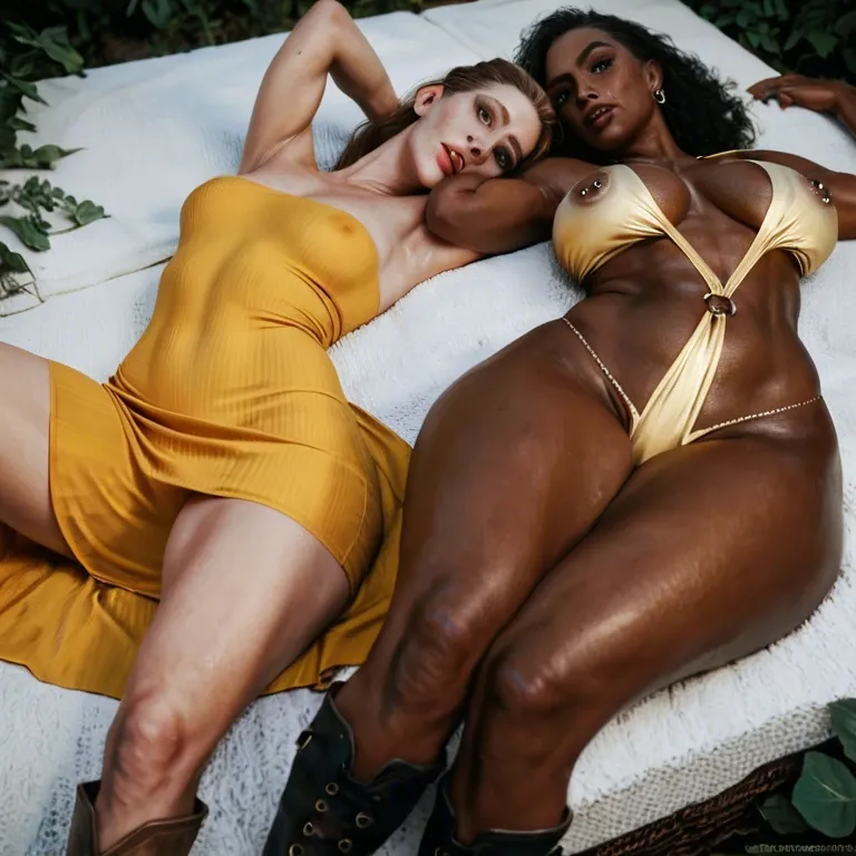 2girl, , , , sharp jawline,soft warm light,saggy boobs,laying on back,dark skin man, cheeks,knee boots,pierced nipples,huge hips,bare shoulders, yellow dress,striped clothes,laurel crown,black corset,running shoes, leggings,laces,cape,lace thong,high heels, black crop top,baggy socks,shaped jewelry,white bikini,white sneakers, palace bedroom, lying on beach, sit on a couch, robot girl, realistic photo, bright-lit room, zelda sd, rapunzel waifu