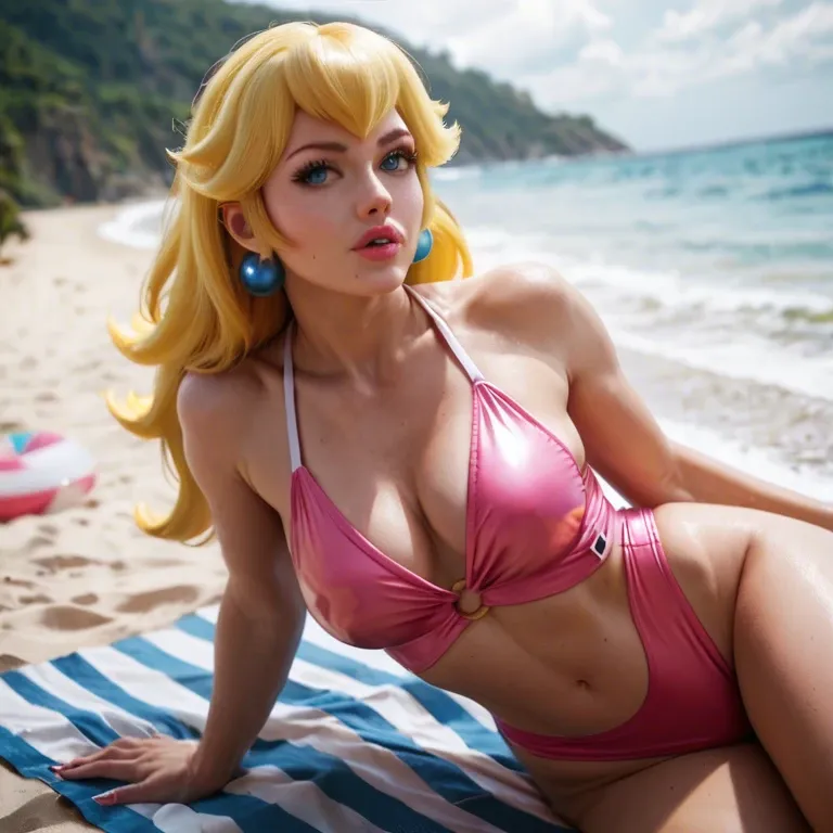 Princess peach in a pink swimsuit on the beach