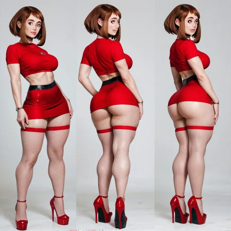 Uraraka_ochako huge ass huge boobs high heels stocking fishnets On arms standing multiple view red tight skirt horny sexy showing boobs