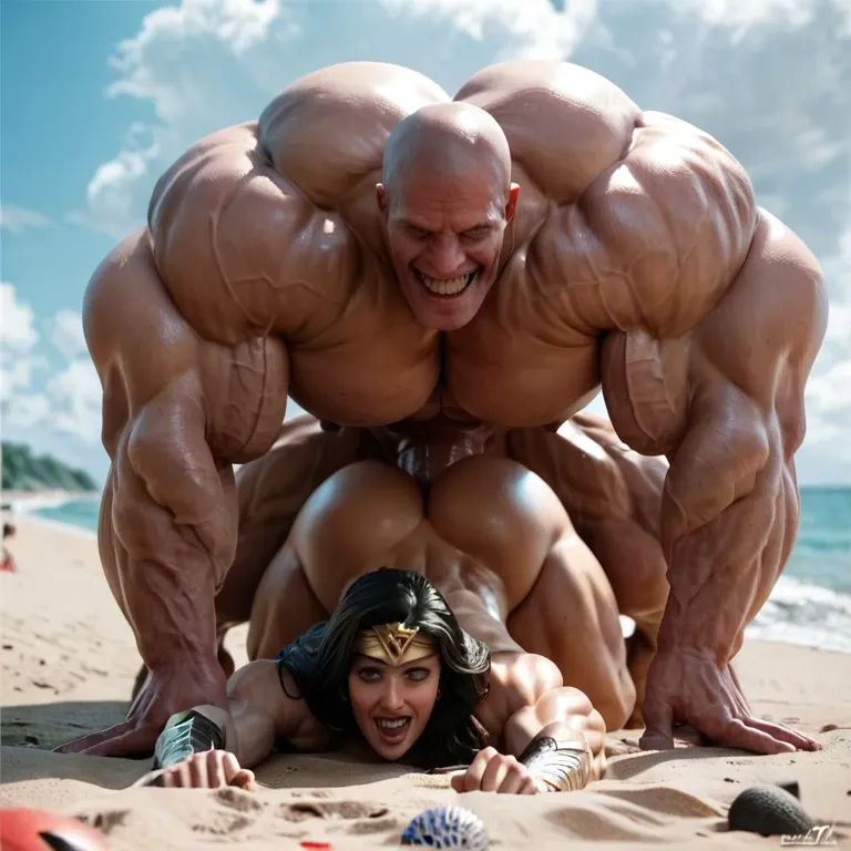 Wonder woman, hyper massive muscles female, massive muscles buffet, hyper gigantic muscles mass, hyper gigant muscles body, hyper giant muscles, hyper muscle tank, nude pectorales, pecs, beach, standing doggy anal sex, futa