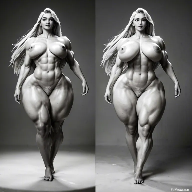 @rapunzel, blonde, athletic, black and white photo, gigantic contrast, gigantic creampie, naked, gigantic hips, gigantic muscular thighs, dancing, light pubic hair, multiple views