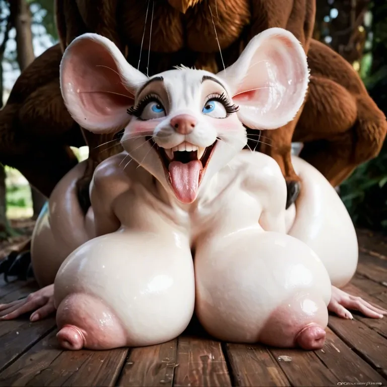 cartoonish zoophilia view of white furry mouse, huge fat inflated silicon saggy tits with huge puffy nipples, no background, extremely squint-eyed smiling blushing ahegao orgasm, naked furry, anal fucking huge furry rat with huge cock, classy makeup