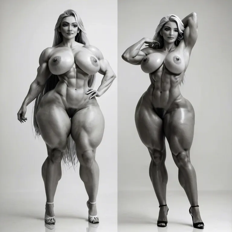 @rapunzel, blonde, athletic, black and white photo, gigantic contrast, gigantic creampie, naked, gigantic hips, gigantic muscular thighs, dancing, light pubic hair, multiple views