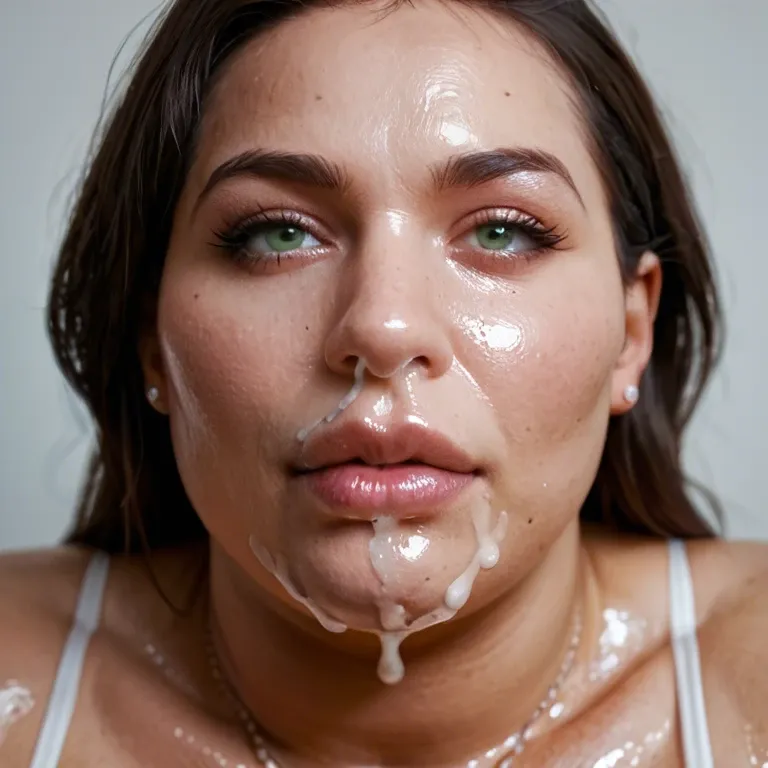 Woman being filled with cum, extreme expansion, Bbw brunette French woman, fat nose, pudgy face, rich bitch, oiled white pale skin,moderate skin sag, fat, rounded face, green eyes, sharp facial features, double chin, sharp black eyeliner,