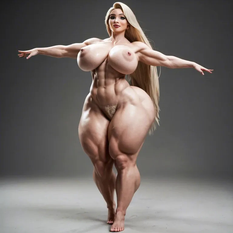 @rapunzel, blonde, athletic, black and white photo, gigantic contrast, gigantic creampie, naked, gigantic hips, gigantic muscular thighs, dancing, light pubic hair, multiple views