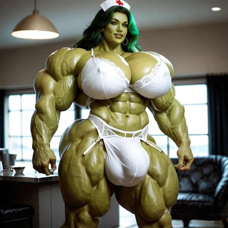 She Hulk, hyper massive muscles female, massive muscles buffet, hyper gigantic muscles mass, hyper gigant muscles, hyper giant muscles, pectorales, pecs, Lingerie nurse, bigger Futanari Cock bulge, home