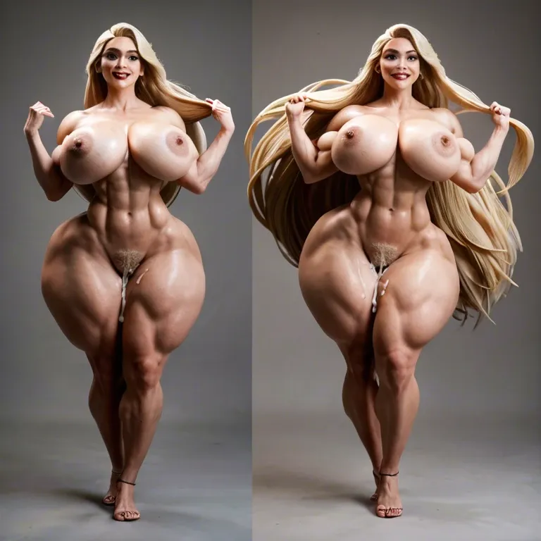 @rapunzel, blonde, athletic, black and white photo, gigantic contrast, gigantic creampie, naked, gigantic hips, gigantic muscular thighs, dancing, light pubic hair, multiple views