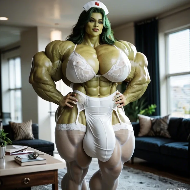 She Hulk, hyper massive muscles female, massive muscles buffet, hyper gigantic muscles mass, hyper gigant muscles, hyper giant muscles, pectorales, pecs, Lingerie Stockings nurse, bigger Futanari Cock bulge, home