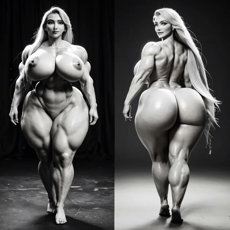 @rapunzel, blonde, athletic, black and white photo, gigantic contrast, gigantic creampie, naked, gigantic hips, gigantic muscular thighs, dancing, light pubic hair, multiple views