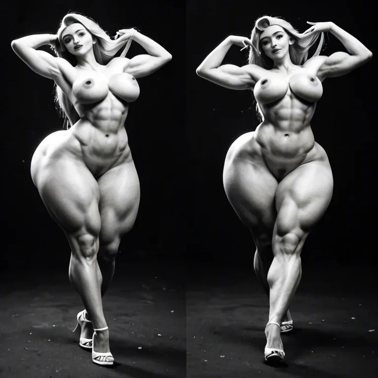 @rapunzel, blonde, athletic, black and white photo, gigantic contrast, gigantic creampie, naked, gigantic hips, gigantic muscular thighs, dancing, light pubic hair, multiple views, dancing, dynamic poses