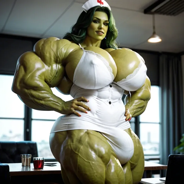 She Hulk, hyper massive muscles female, massive muscles buffet, hyper gigantic muscles mass, hyper gigant muscles, hyper giant muscles, pectorales, pecs, Lingerie nurse, bigger Futanari Cock bulge, home