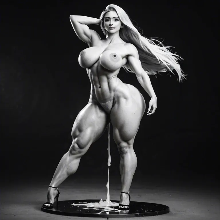 @rapunzel, blonde, athletic, black and white photo, gigantic contrast, gigantic creampie, naked, gigantic hips, gigantic muscular thighs, dancing, light pubic hair, multiple views