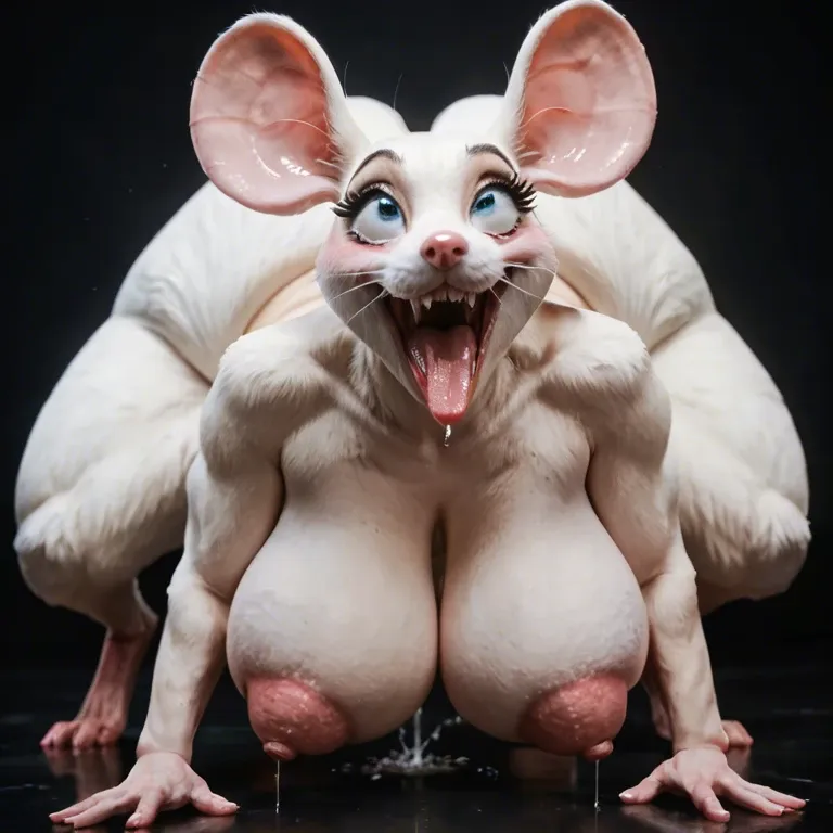 cartoonish zoophilia view of white furry mouse, huge fat inflated silicon saggy tits with huge puffy nipples, no background, extremely squint-eyed smiling blushing ahegao orgasm, naked furry, anal fucking huge furry rat with huge cock, classy makeup