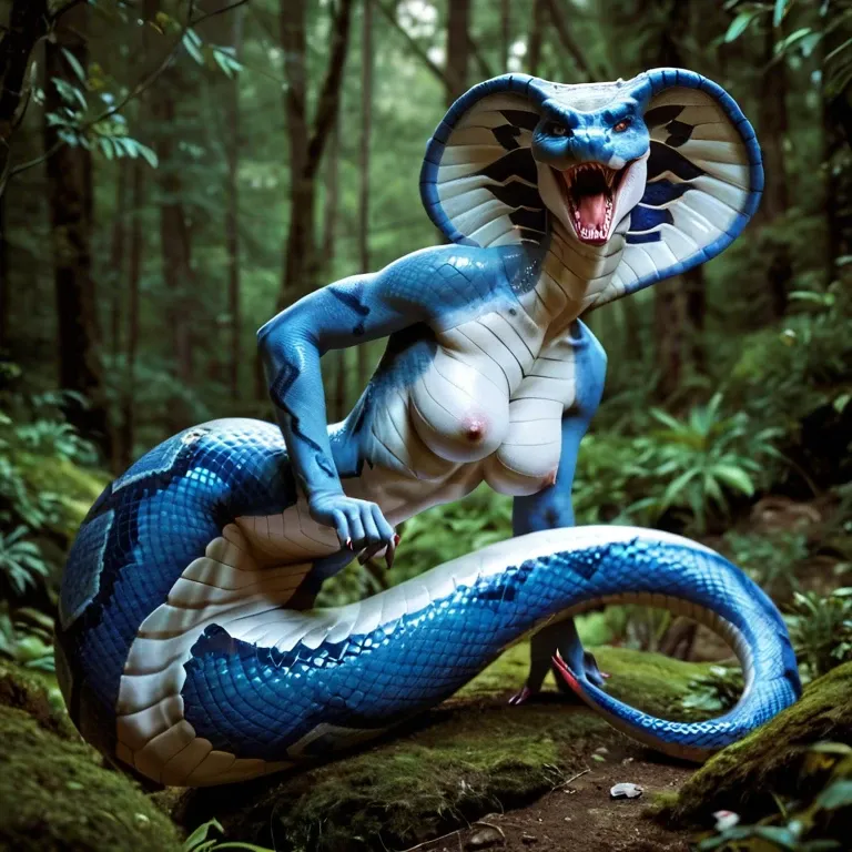 female lamia, blue snake skin, long snake tail, blue cobra head, cobra face, open mouth with long fangs, sharp teeth, nude breasts, blue scales on body, standing in forest, standing with full body visible, striped blue and black skin, blue and black cobra skin, shaved pussy on tail, oiled skin, sweaty skin, very long tongue, twisted snake tongue, tongue out, drooling, sucking penis