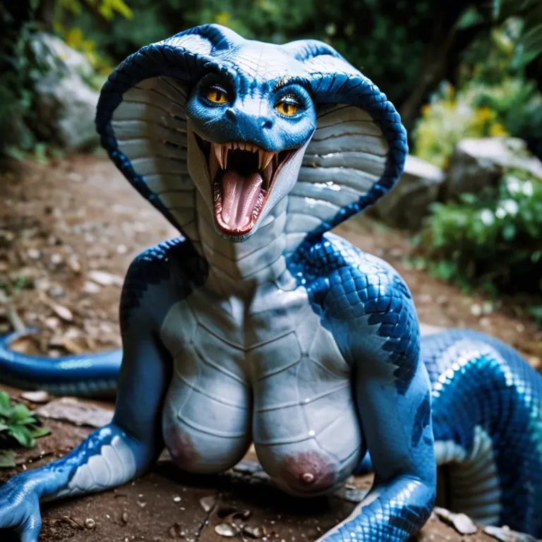 female lamia,  blue snake skin, long snake tail, blue cobra head, cobra face, open mouth with long fangs, sharp teeth, hands on ground,  looking down, snake arms, nude breasts, blue scales on body, standing in forest, standing with full body visible, striped blue and black skin, blue and black cobra skin, shaved pussy on tail, oiled skin, sweaty skin, very long tongue, twisted snake tongue, long curved tongue, tongue out, drooling