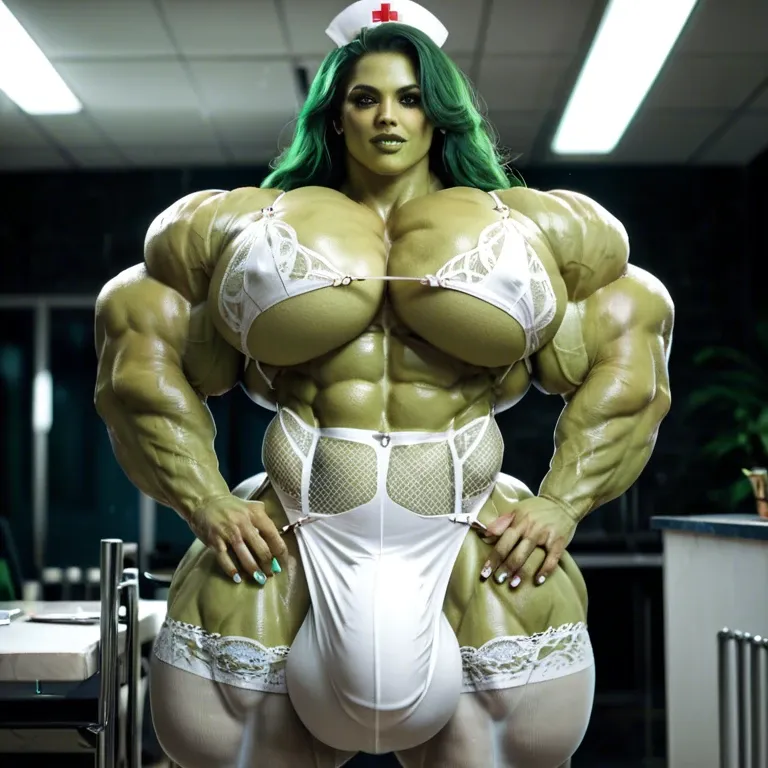 She Hulk, hyper massive muscles female, massive muscles buffet, hyper gigantic muscles mass, hyper gigant muscles body hyper giant muscles, pectorales, pecs, Lingerie Stockings nurse, bigger Futanari Cock bulge, club de striptease