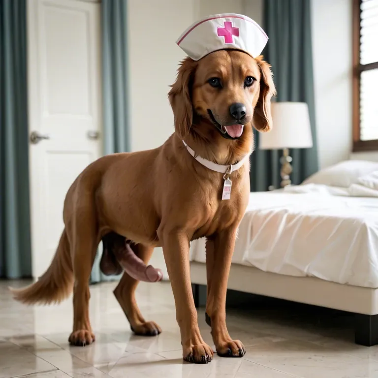 realistic, 1 busty futanari nurse with very long penis and big sagging balls, 1 cute adorable chibi canine dog animal feral, , , , full body view threesome walking side by side