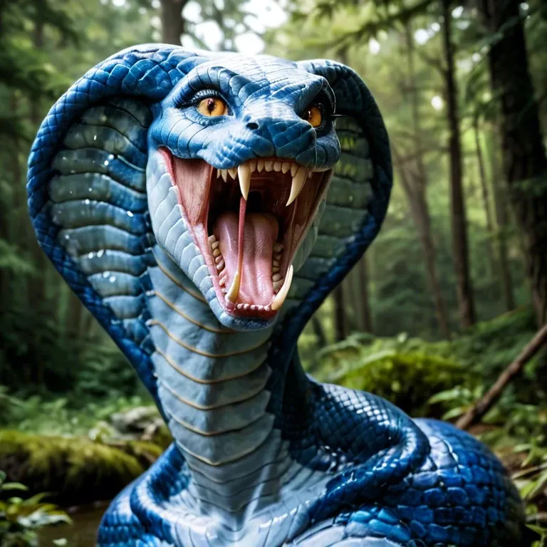 female lamia, blue snake skin, long snake tail, blue cobra head, cobra face, open mouth with long fangs, sharp teeth, no arms, armless,  nude breasts, blue scales on body, standing in forest, standing with full body visible, striped blue and black skin, blue and black cobra skin, shaved pussy on tail, oiled skin, sweaty skin, very long tongue, twisted snake tongue, tongue out, drooling