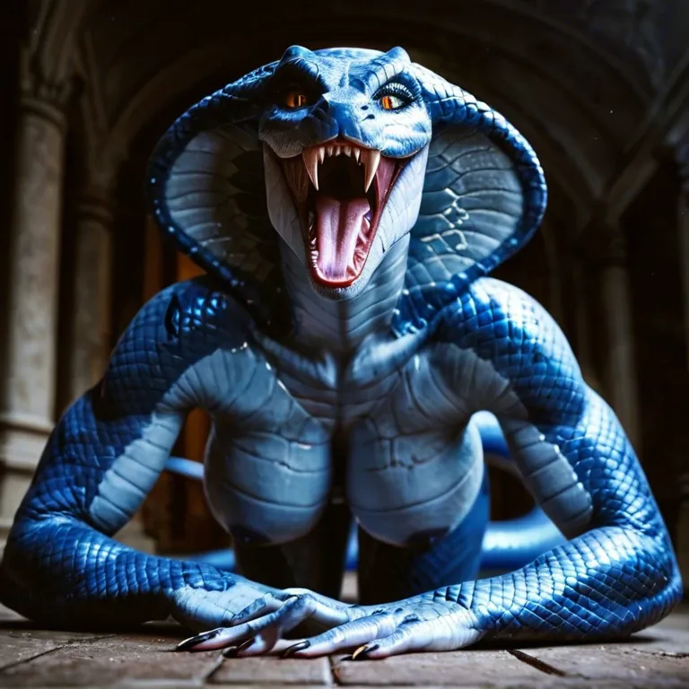 female lamia,  blue snake skin, long snake tail, blue cobra head, cobra face, open mouth with long fangs, sharp teeth, hands on ground,  looking down, snake arms, nude black breasts, blue scales on body, standing in forest, standing with full body visible, striped blue and black skin, blue and black cobra skin, shaved pussy on tail, oiled skin, sweaty skin, very long tongue, twisted snake tongue, long curved tongue, tongue out, drooling