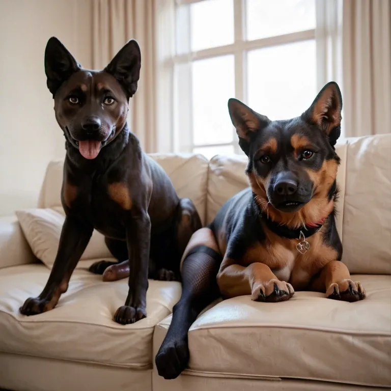 realistic, 1 plump black african futanari with very long penis and big sagging balls in stockings, 1 cute adorable chibi canine dog animal feral, , , , threesome on couch