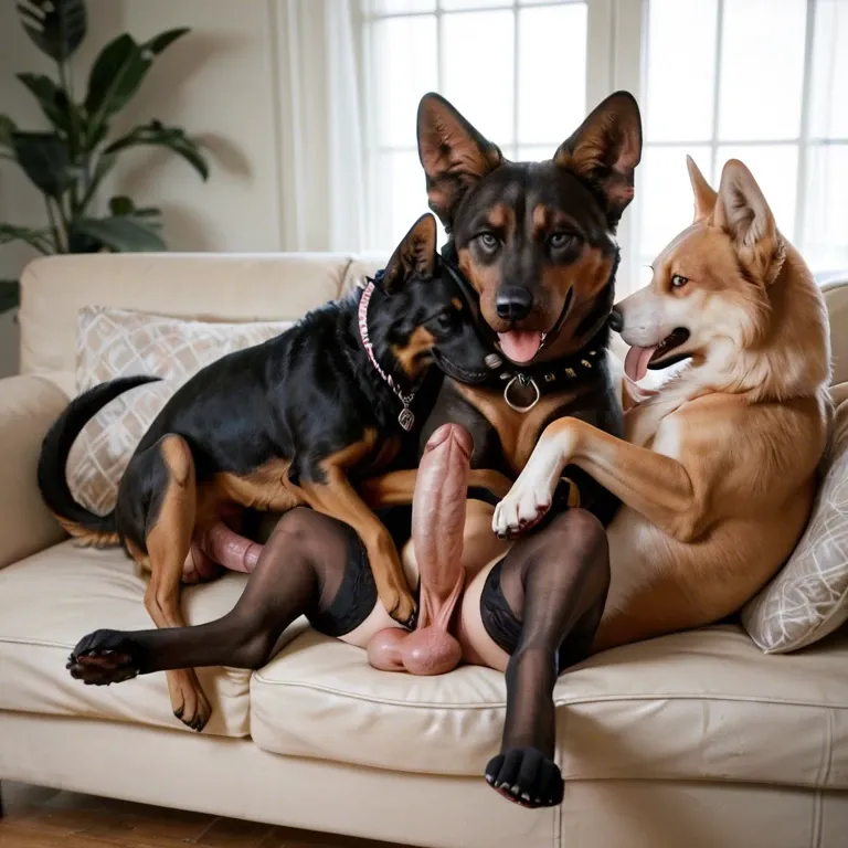 realistic, 1 plump black african futanari with very long penis and big sagging balls in stockings, 1 cute adorable chibi canine dog animal feral, , , , threesome on couch