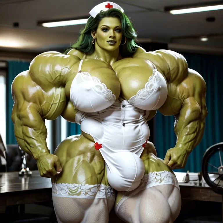 She Hulk, hyper massive muscles female, massive muscles buffet, hyper gigantic muscles mass, hyper gigant muscles body hyper giant muscles, pectorales, pecs, Lingerie Stockings nurse, bigger Futanari Cock bulge, club de striptease