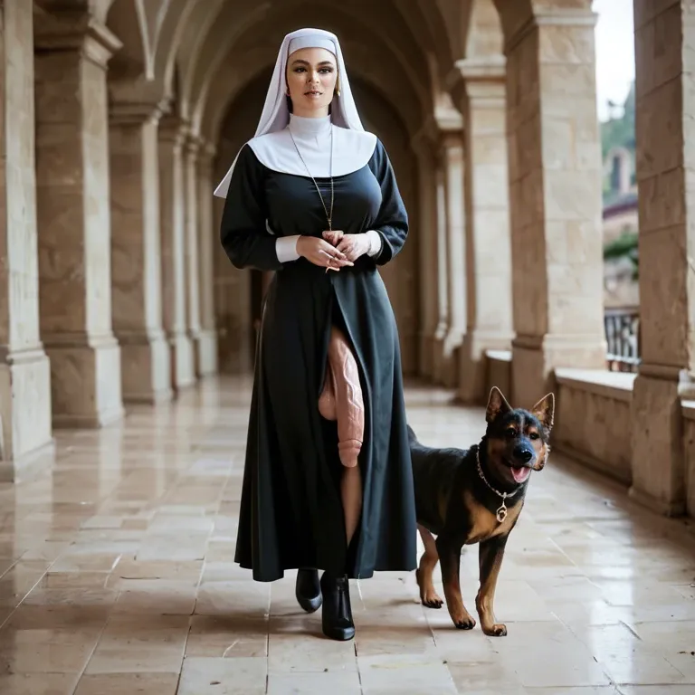 realistic, 1 busty futanari nun with very long penis and big sagging balls, 1 cute adorable chibi canine dog animal feral, , , , full body view threesome walking side by side