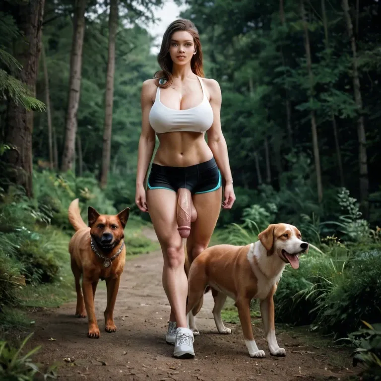 realistic, 1 busty futanari trainer with very long penis and big sagging balls, 1 cute adorable chibi canine dog animal feral, , , , full body view threesome walking side by side in forest