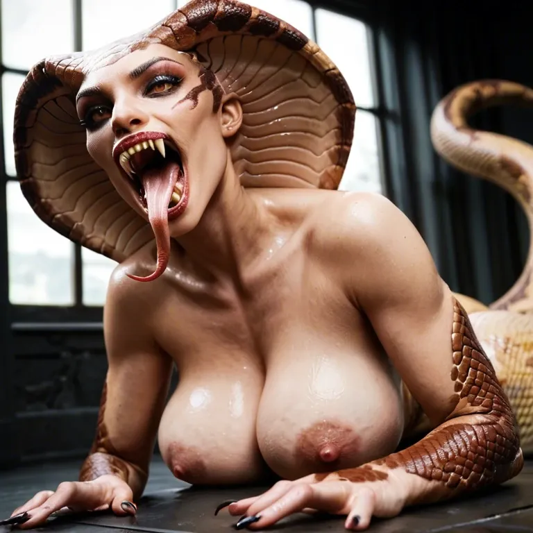 female lamia,  brown snake skin, long snake tail, brown cobra head, cobra face, open mouth with long fangs, sharp teeth, hands on ground,  looking down, snake arms, nude black breasts, brown scales on body, standing in forest, striped brown and black skin, brown and black cobra skin, shaved pussy on tail, oiled skin, sweaty skin, very long tongue, twisted snake tongue, long curved tongue, tongue out, drooling