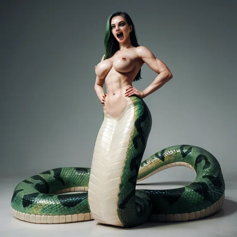 female lamia,  bright green snake skin, long snake tail, bright green cobra head, cobra face, open mouth with long fangs, sharp teeth, hands on hips, full body visible, looking down, snake arms, nude black breasts, bright green scales on body, standing in forest, striped bright green and black skin, brown and black cobra skin, shaved pussy on tail, oiled skin, sweaty skin, very long tongue, twisted snake tongue, long curved tongue, tongue out, drooling