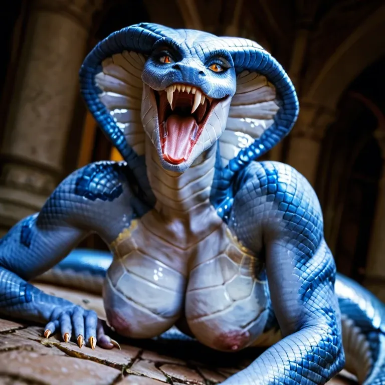 female lamia,  blue snake skin, long snake tail, blue cobra head, cobra face, open mouth with long fangs, sharp teeth, hands on ground,  looking down, snake arms, nude breasts, blue scales on body, standing in forest, standing with full body visible, striped blue and black skin, blue and black cobra skin, shaved pussy on tail, oiled skin, sweaty skin, very long tongue, twisted snake tongue, tongue out, drooling