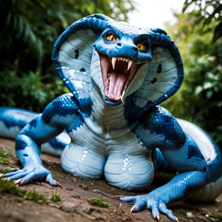 female lamia,  blue snake skin, long snake tail, blue cobra head, cobra face, open mouth with long fangs, sharp teeth, hands on ground,  looking down, snake arms, nude breasts, blue scales on body, standing in forest, standing with full body visible, striped blue and black skin, blue and black cobra skin, shaved pussy on tail, oiled skin, sweaty skin, very long tongue, twisted snake tongue, tongue out, drooling