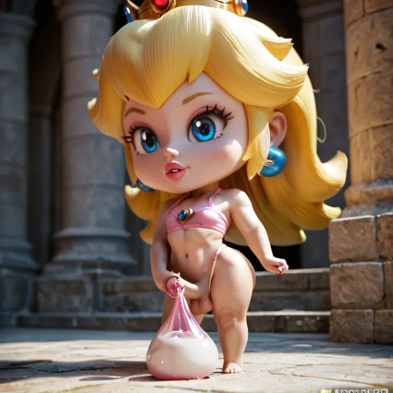 princess peach, chibi, flat chest, solo, penis, balls, castle, masturbating, filled condom, huge condom