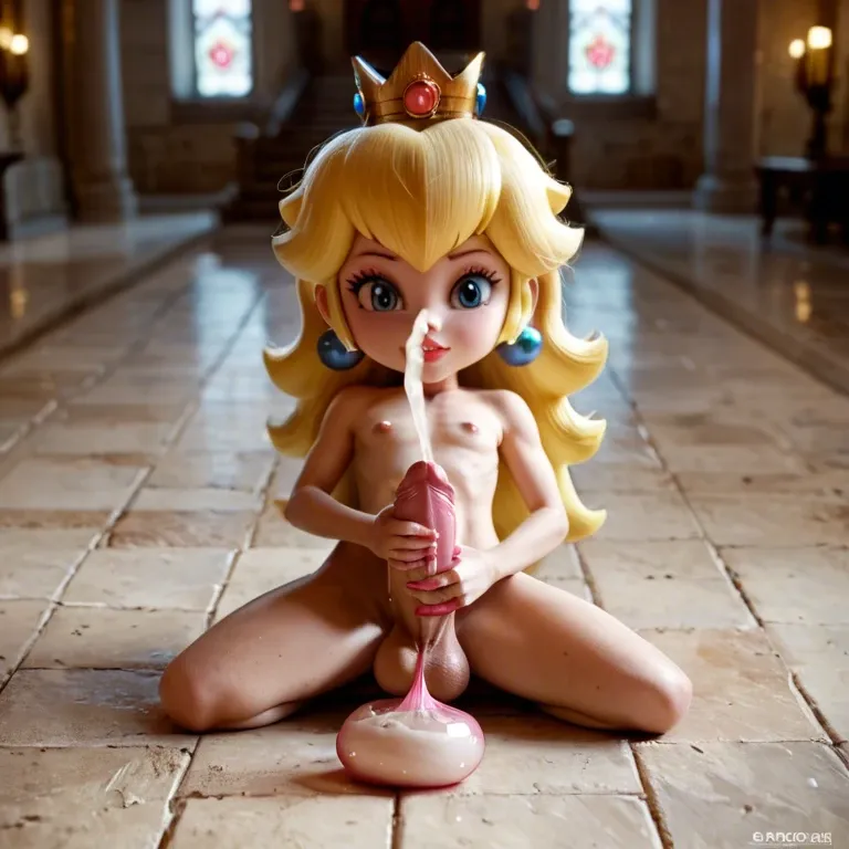 princess peach, chibi, flat chest, solo, penis, balls, nude, castle, masturbating, cumming in condom, gigantic condom