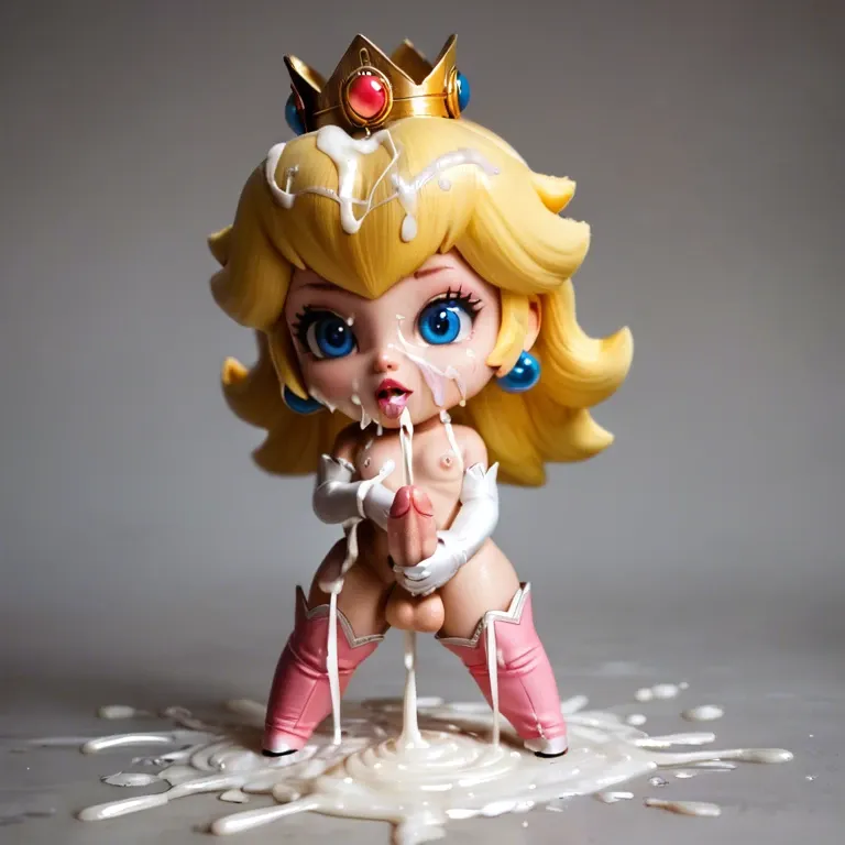 princess peach, chibi, flat chest, solo, penis, balls, masturbating, cumming everywhere, excessive cum