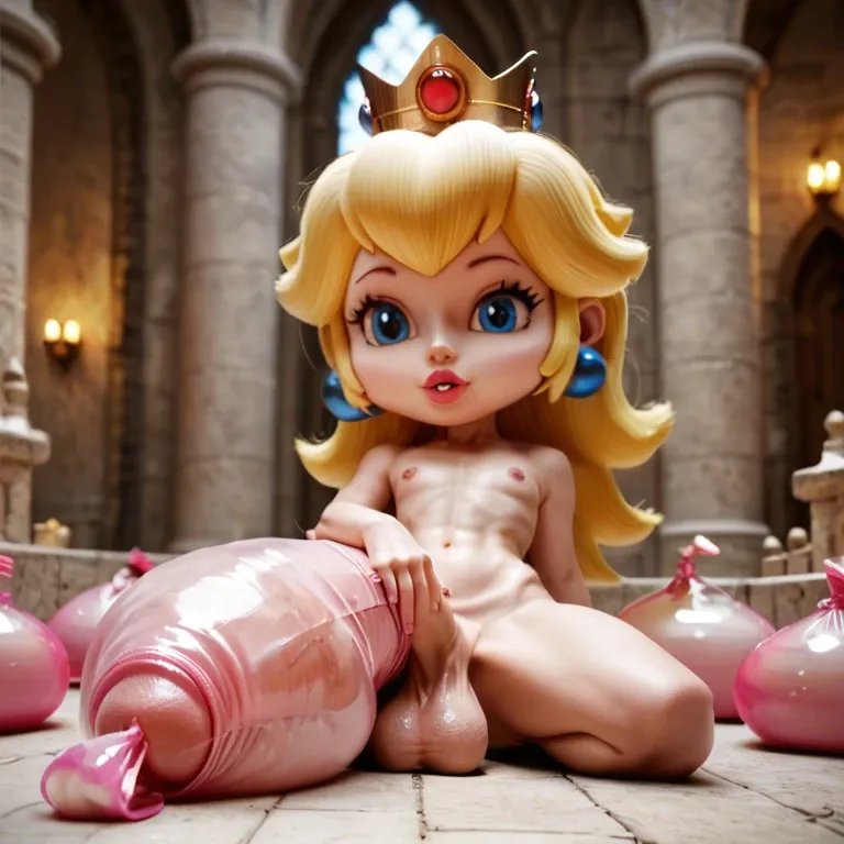 princess peach, chibi, flat chest, solo, penis, balls, nude, castle, masturbating, filling condom, gigantic condom