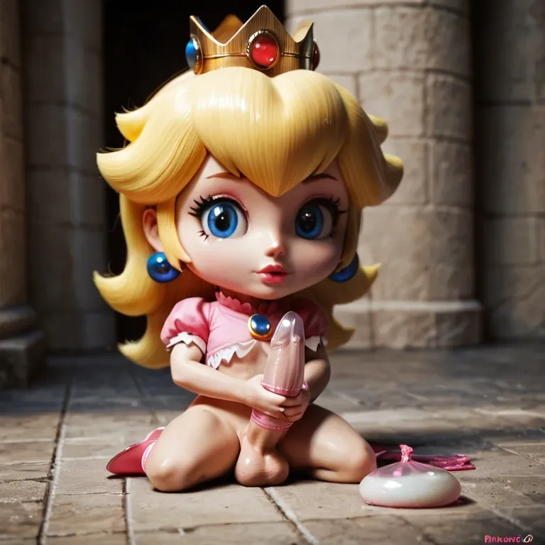 princess peach, chibi, flat chest, solo, penis, balls, castle, masturbating, filled condom, huge condom