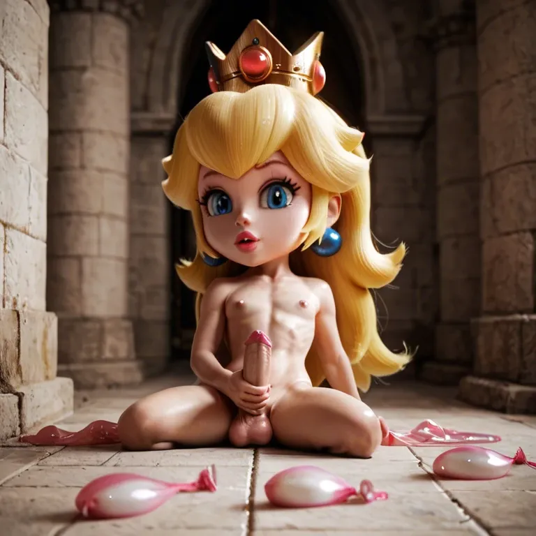 princess peach, chibi, flat chest, solo, penis, balls, nude, castle, masturbating, filled condom, huge condom