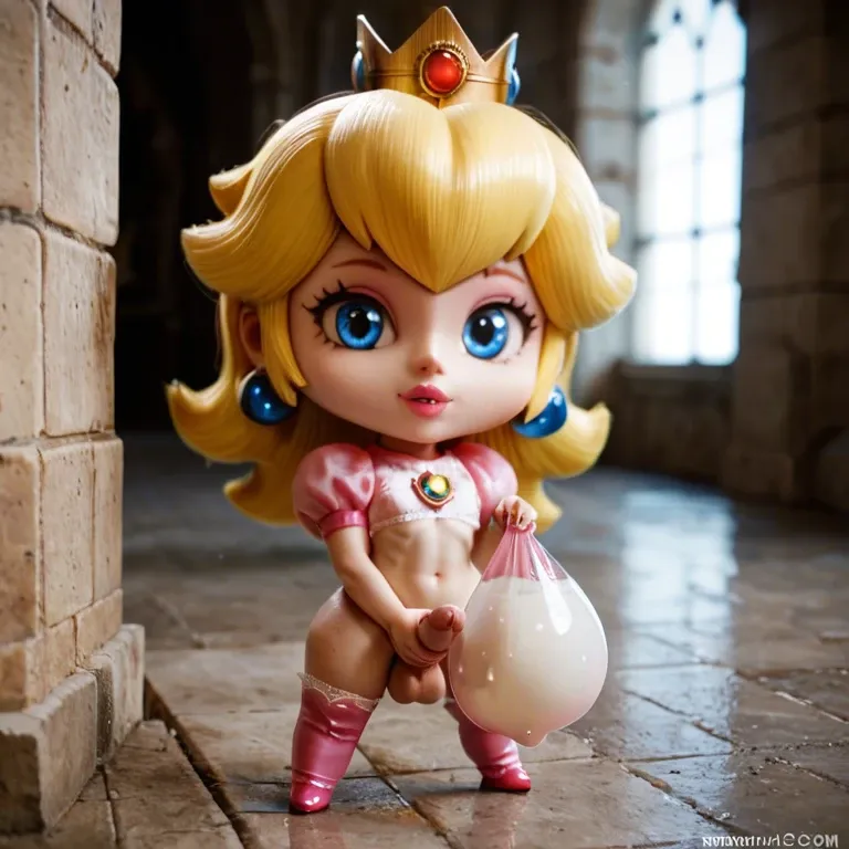 princess peach, chibi, flat chest, solo, penis, balls, castle, masturbating, filled condom, huge condom