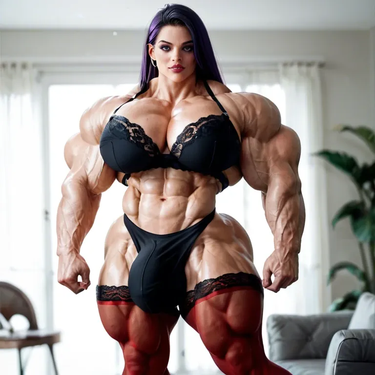 violet parr, hyper massive muscles female, massive muscles buffet, hyper gigantic muscles mass, pectorales, lingerie Print Stockings cuir rouge, bigger Futanari Cock bulge