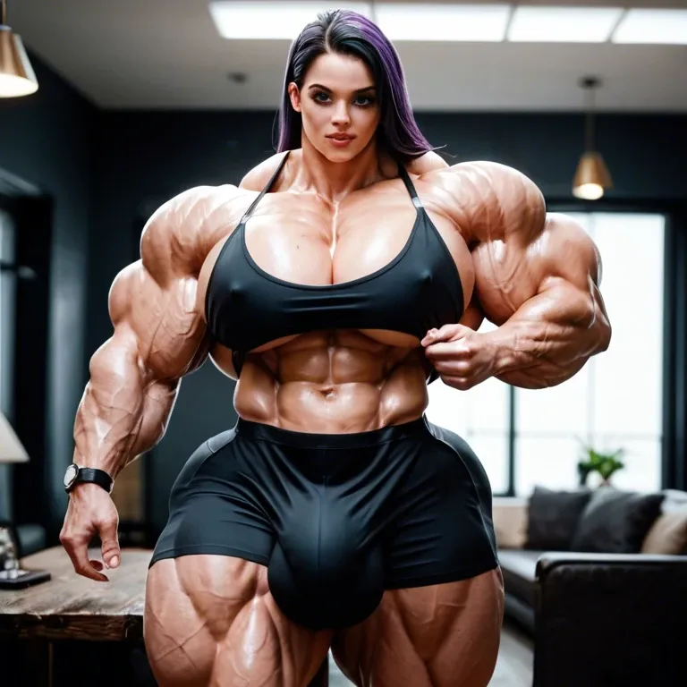 violet parr, hyper massive muscles female, massive muscles buffet, hyper gigantic muscles mass, pectorales, veste et pantalon en cuir rouge, bigger Futanari Cock bulge