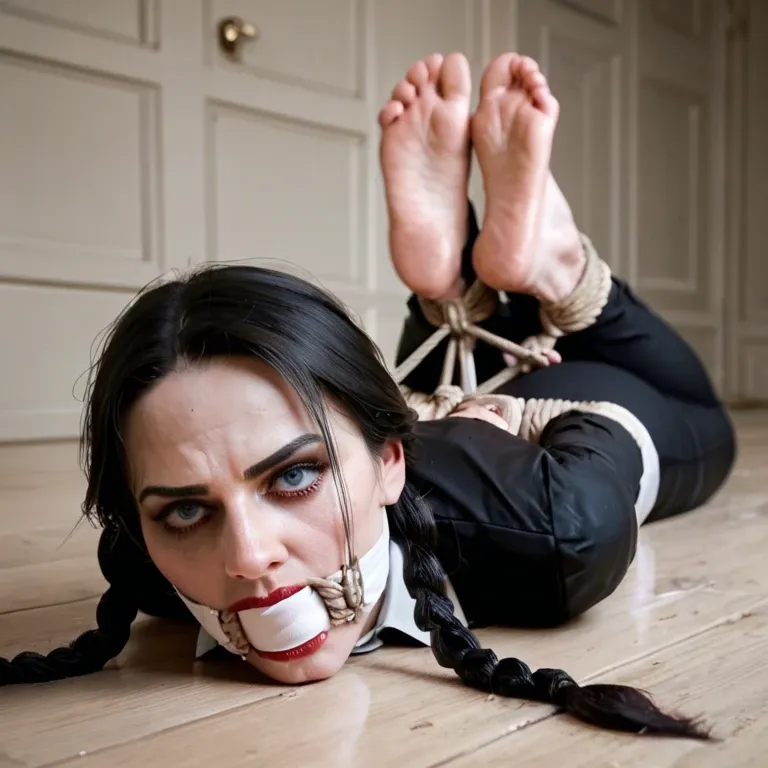 1girl, Wednesday Addams, barefoot, lying on stomach, rope bondage, hogtied, arms behind back, ankles bound, cleave gag, soles focus, ((facing viewer)), ((full body))