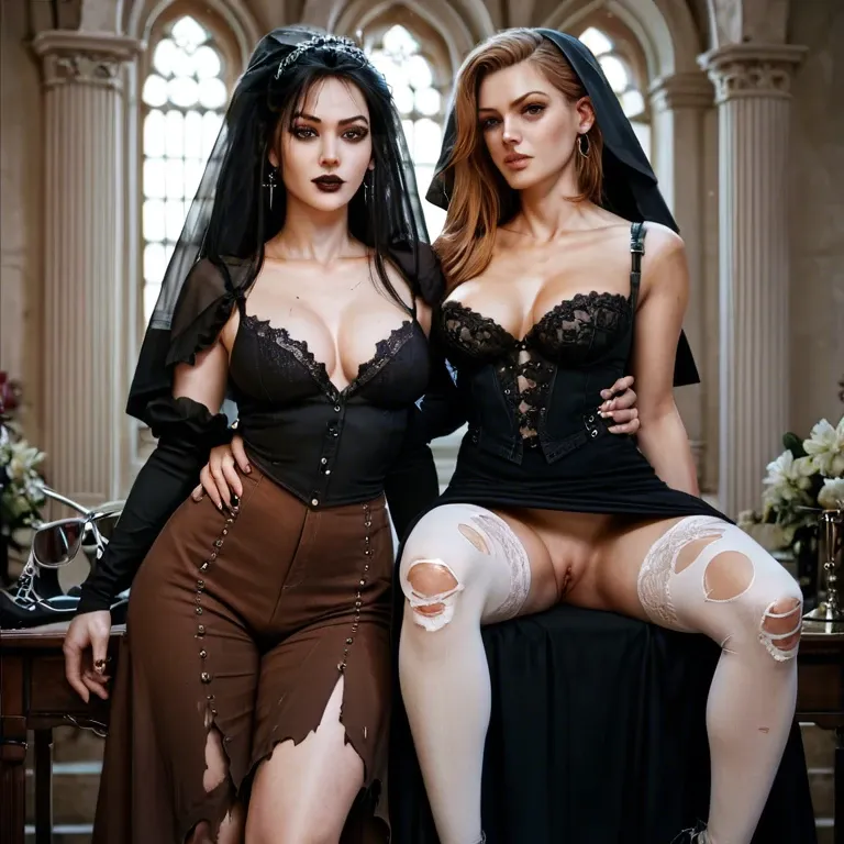 2girl, , , , pussy slip,torn thighhighs,round boobs,respectable,collarbone, long dress,laced bodysuit,veil,lace bra,gothic boots, brown pants,white socks,strings,lace panties,white boots, school uniform,white socks,black belt,sports bra,platform heels, shower, cyberpunk, huge dildo, robot, realistic girl, bright, mari makinami