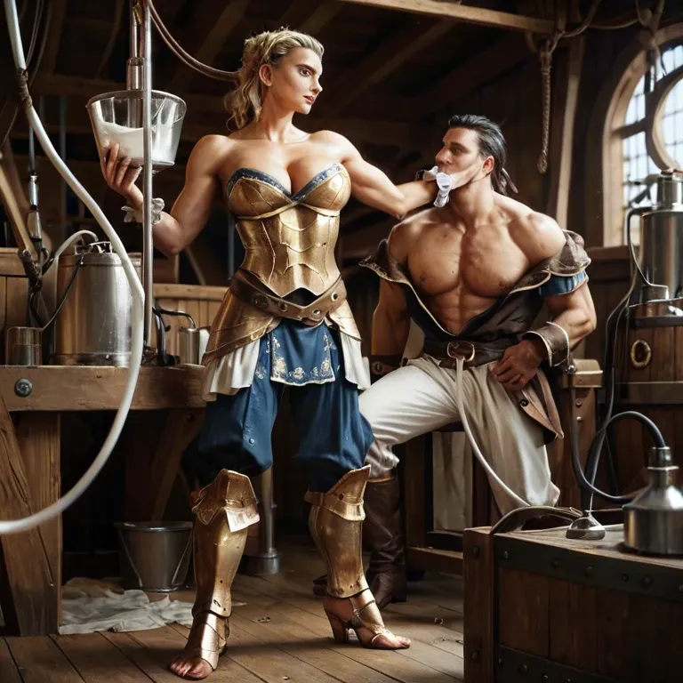 1girl,1boy, , , , milking machine,perfect feet,big perky boobs,pirate ship,wrist cuffs, bubble in nose,gold armor,perky breast,nice pecs,bare shoulder, dress,knee socks,garrison cap,black bodysuit,brown boots, cow costume,lace panties,hair tie,blue panties,high heels, showering, ocean, cyberpunk, source anime, well-lit