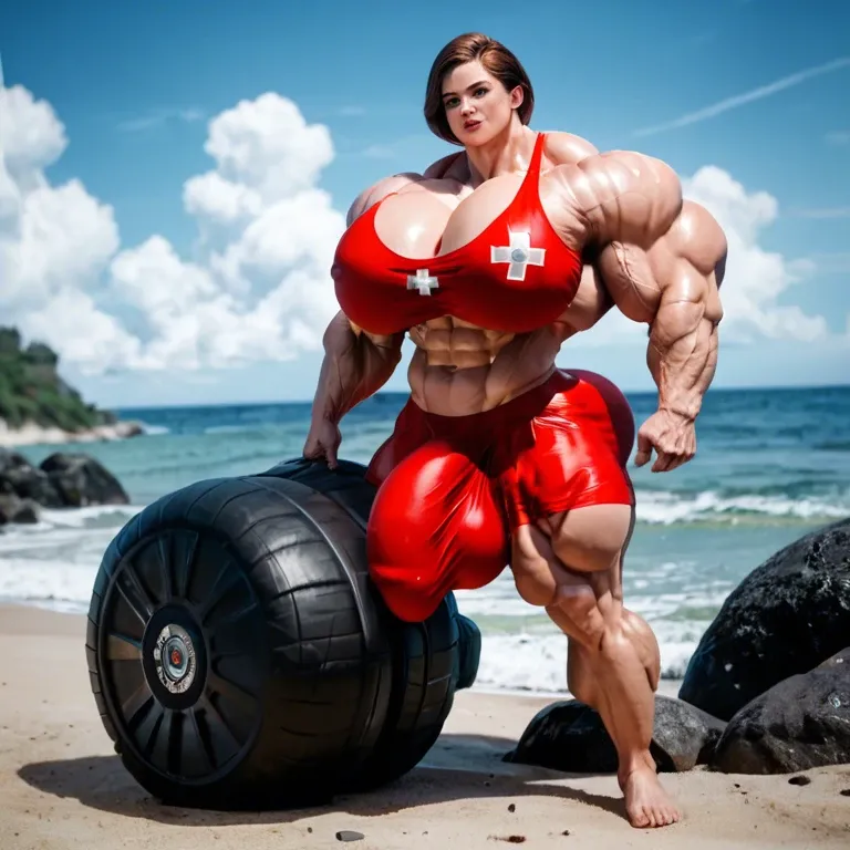 helen parr, hyper massive muscles female, massive muscles buffet,hyper gigantic muscles mass, hyper gigant muscles body hyper giant muscles, pectorales, pecs, bigger Futanari Cock bulge, LIFEGUARD, beach