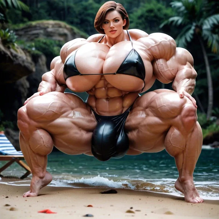 helen parr, hyper massive muscles female, massive muscles buffet, hyper gigantic muscles mass, hyper gigant muscles body hyper giant muscles, pectorales, pecs, bigger Futanari Cock bulge, bikini, beach