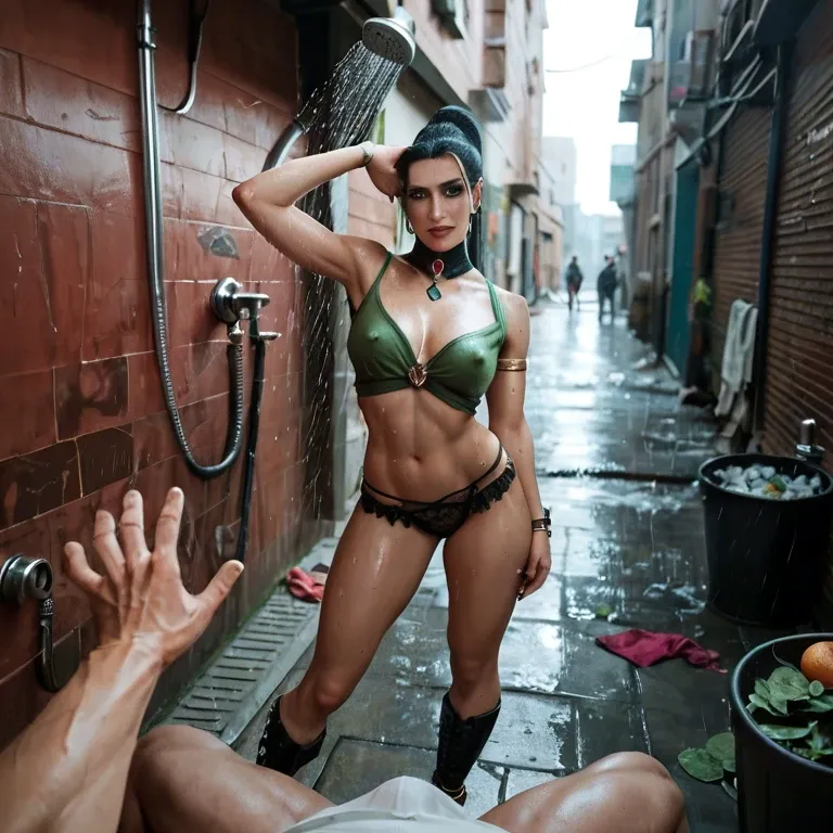 1girl,1boy, , , , light freckles,man hands pov,erect nipples,arabian clothes,broad shoulders, green shirt,anklets,detached collar,lace panties,gothic boots, showering, alley, cyberpunk, phone exposure, mario and luigi, dynamics