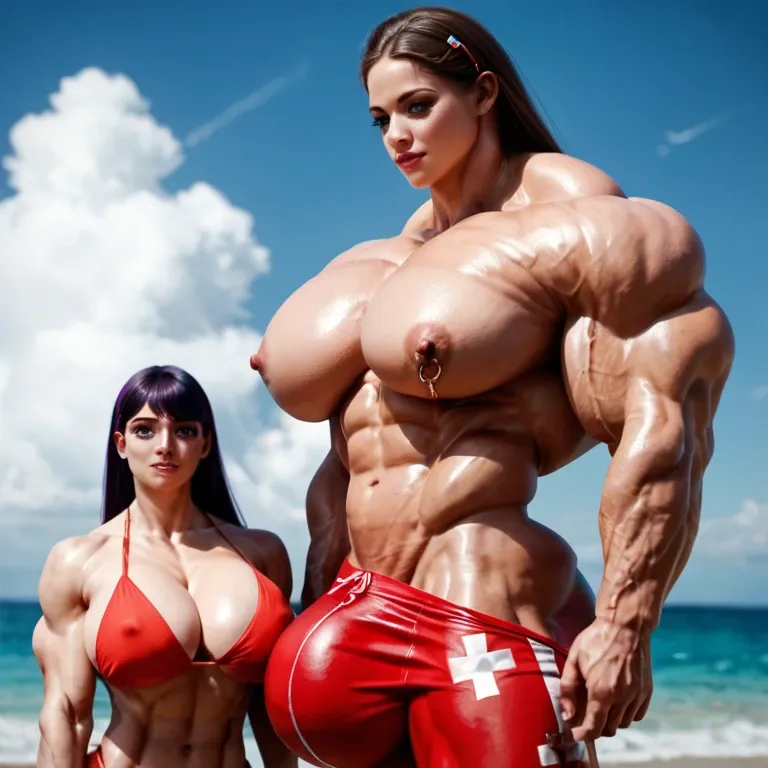 violet parr, hyper massive muscles female, massive muscles buffet, hyper gigantic muscles mass, pectorales, pecs, bigger Futanari Cock long bulge, LIFEGUARD, beach