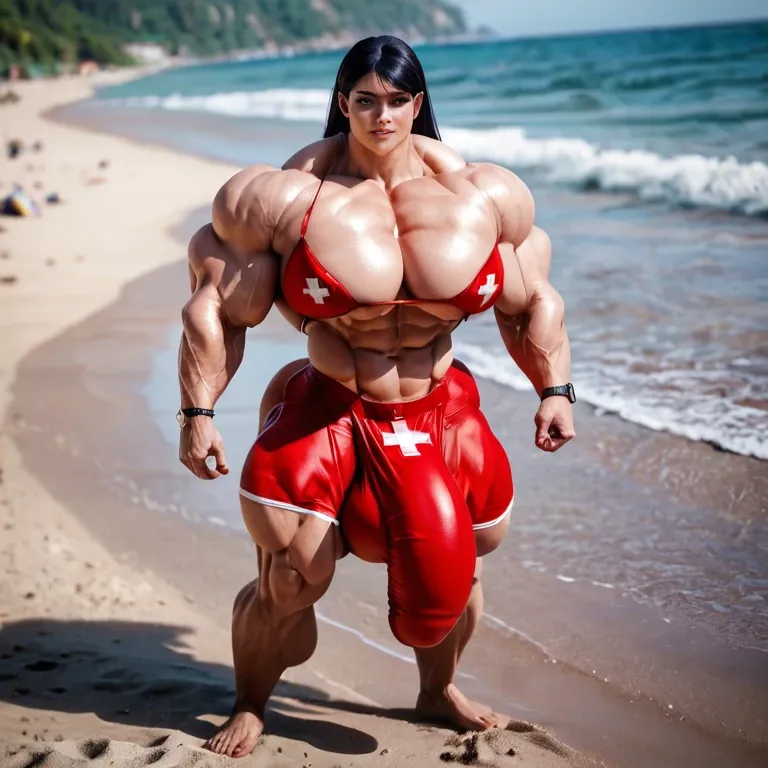 violet parr, hyper massive muscles female, massive muscles buffet, hyper gigantic muscles mass, pectorales, pecs, bigger Futanari Cock long bulge, LIFEGUARD, beach