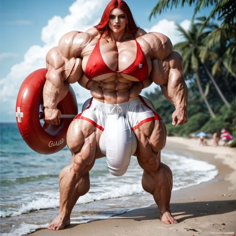 Scarlett wish, hyper massive muscles female, massive muscles buffet, hyper gigantic muscles mass, hyper gigant muscles body hyper giant muscles, pectorales, pecs, LIFEGUARD, bigger Futanari Cock bulge, beach